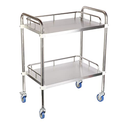 Baoz 2 Layers Lab Serving Cart Stainless Steel Utility Rolling Carts Medical Clinic Trolley with Silent Omnidirectional Lockable Wheels for Laboratory, Hospital, Dental, Restaurant Hotel and Home Use