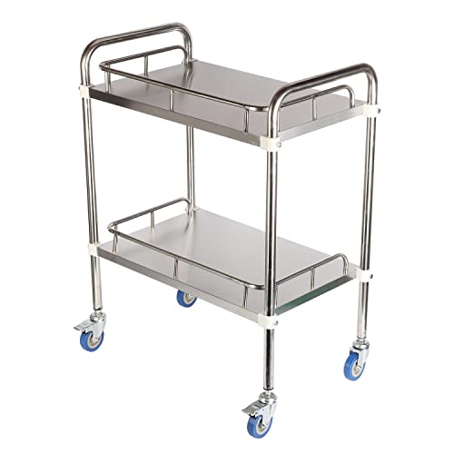 Baoz 2 Layers Lab Serving Cart Stainless Steel Utility Rolling Carts Medical Clinic Trolley with Silent Omnidirectional Lockable Wheels for Laboratory, Hospital, Dental, Restaurant Hotel and Home Use