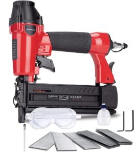 pneumatic brad nailer, powersmart 2 in 1 nail gun and crown stapler with safety glasses, compatible with 5/8” up to 2” nails, 18 gauge brad gun for upholstery, carpentry and woodworking projects