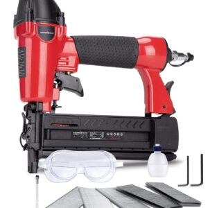 Pneumatic Brad Nailer, POWERSMART 2 in 1 Nail Gun and Crown Stapler with Safety Glasses, Compatible with 5/8” up to 2” Nails, 18 Gauge Brad Gun for Upholstery, Carpentry and Woodworking Projects