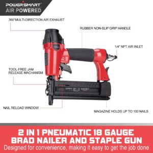 Pneumatic Brad Nailer, POWERSMART 2 in 1 Nail Gun and Crown Stapler with Safety Glasses, Compatible with 5/8” up to 2” Nails, 18 Gauge Brad Gun for Upholstery, Carpentry and Woodworking Projects