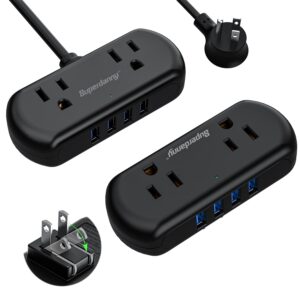 superdanny mini surge protector with 2 wide-spaced outlets & 4 usb ports, compact size, multi-plug outlet extender for travel, home, office, black