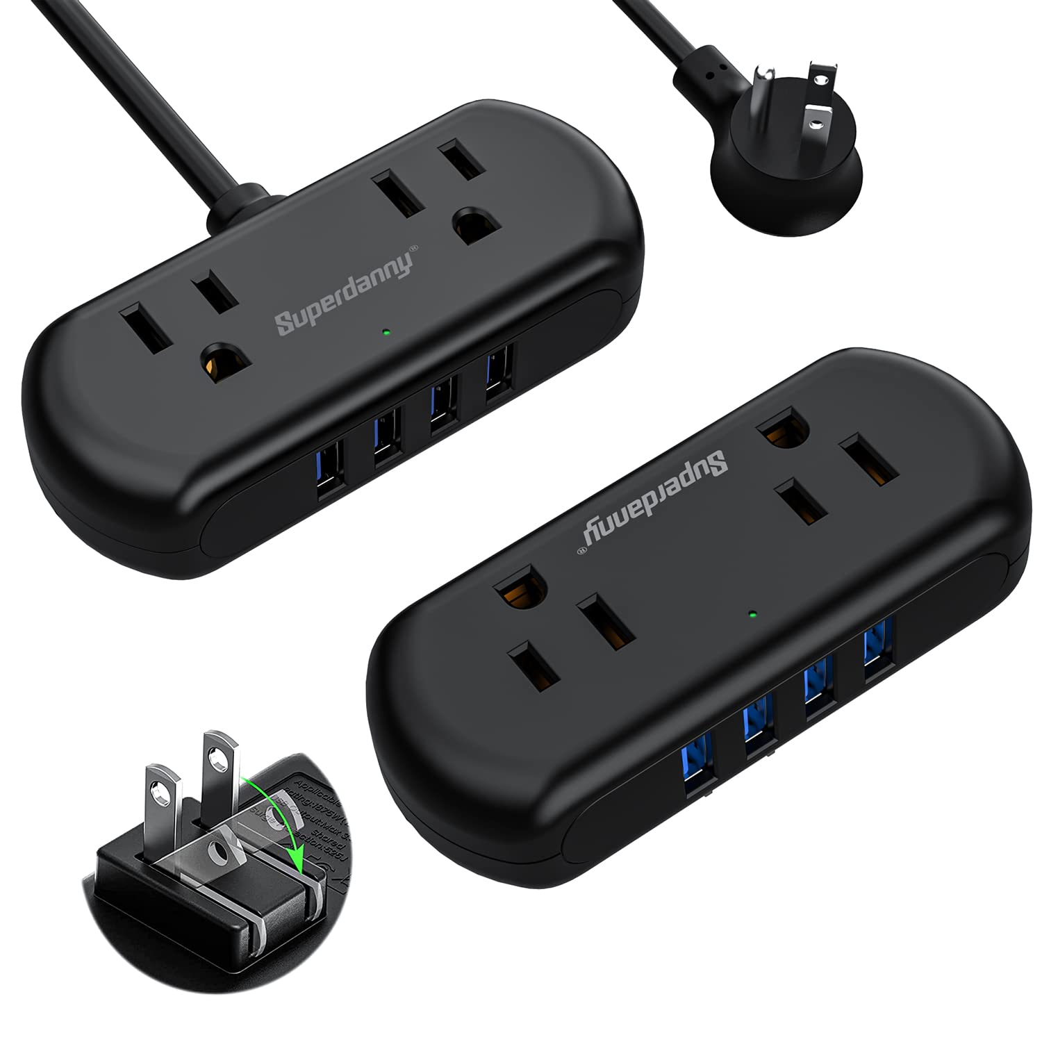 SUPERDANNY Mini Surge Protector with 2 Wide-Spaced Outlets & 4 USB Ports, Compact Size, Multi-Plug Outlet Extender for Travel, Home, Office, Black