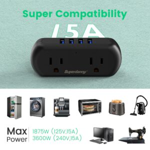 SUPERDANNY Mini Surge Protector with 2 Wide-Spaced Outlets & 4 USB Ports, Compact Size, Multi-Plug Outlet Extender for Travel, Home, Office, Black