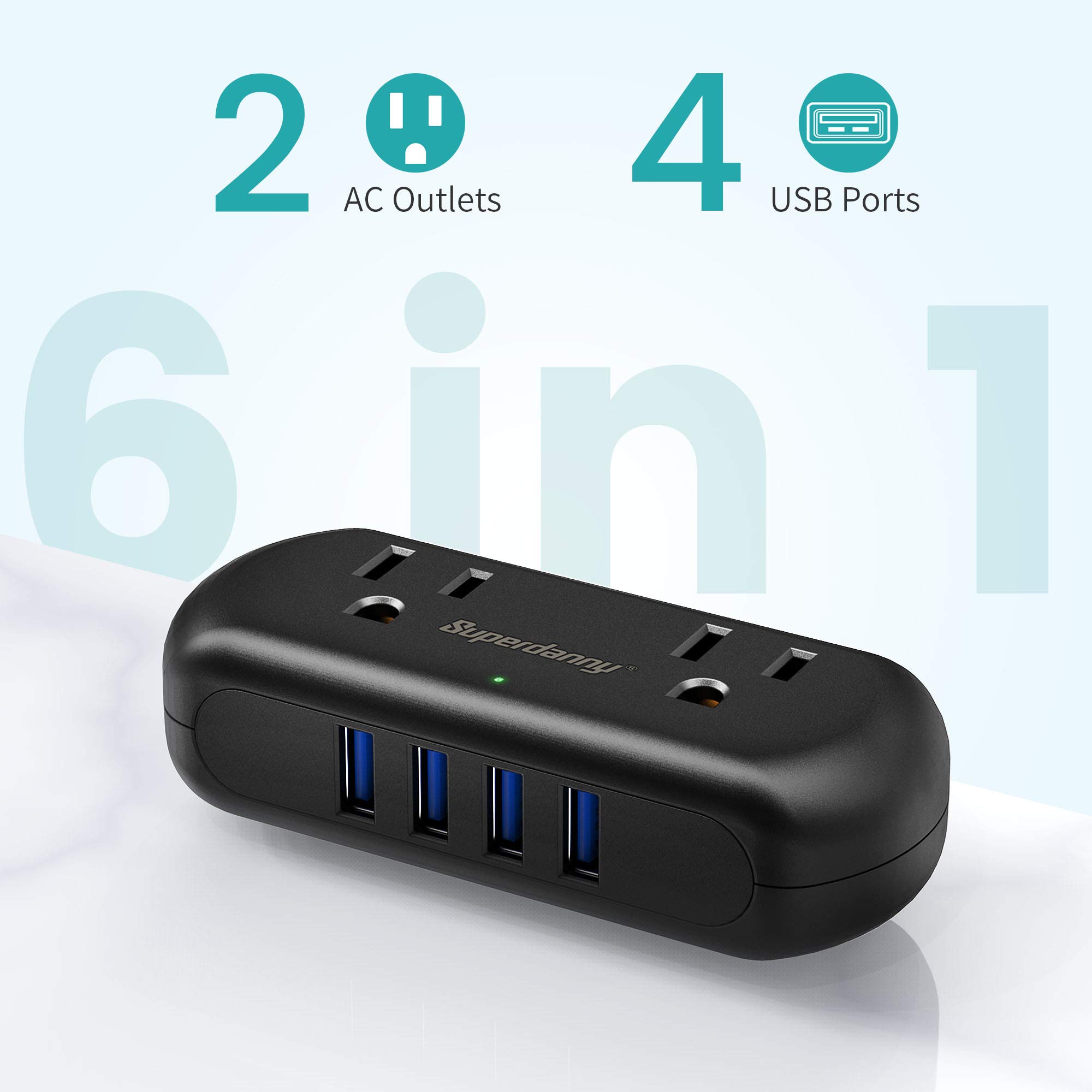 SUPERDANNY Mini Surge Protector with 2 Wide-Spaced Outlets & 4 USB Ports, Compact Size, Multi-Plug Outlet Extender for Travel, Home, Office, Black