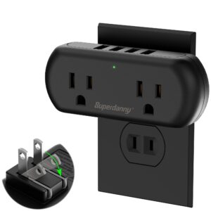 SUPERDANNY Mini Surge Protector with 2 Wide-Spaced Outlets & 4 USB Ports, Compact Size, Multi-Plug Outlet Extender for Travel, Home, Office, Black