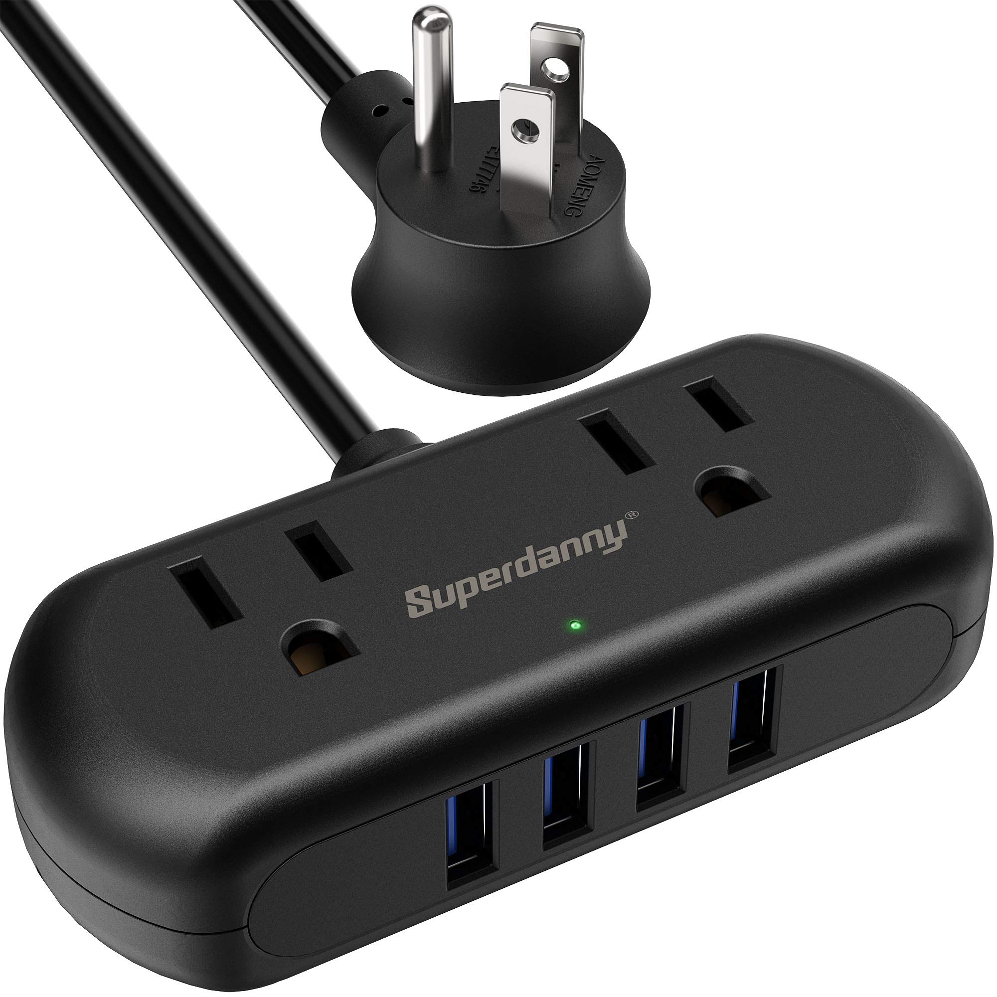 SUPERDANNY Mini Surge Protector with 2 Wide-Spaced Outlets & 4 USB Ports, Compact Size, Multi-Plug Outlet Extender for Travel, Home, Office, Black