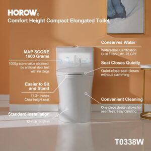 HOROW T0338W Compact One Piece Toilet with Comfort Chair Seat ADA Height 17.3", Elongated Dual Flush 0.8/1.28 GPF and MAP 1000g, Standard White Toilet Bowl