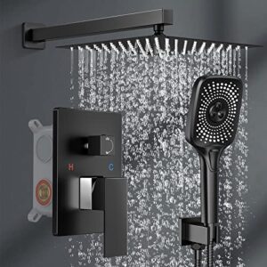 wiserset black shower faucet set stainless steel 10in rainfall shower head with handheld 3 functions shower system brass pressure balance shower valve