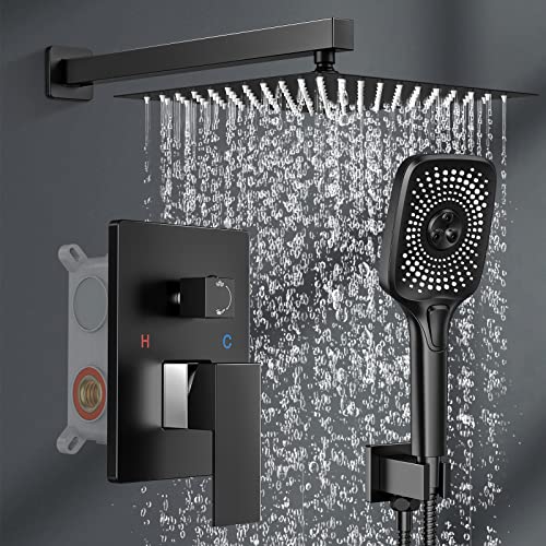 Wiserset Black Shower Faucet Set Stainless Steel 10in Rainfall Shower Head with Handheld 3 Functions Shower System Brass Pressure Balance Shower Valve