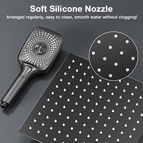 Wiserset Black Shower Faucet Set Stainless Steel 10in Rainfall Shower Head with Handheld 3 Functions Shower System Brass Pressure Balance Shower Valve