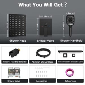 Wiserset Black Shower Faucet Set Stainless Steel 10in Rainfall Shower Head with Handheld 3 Functions Shower System Brass Pressure Balance Shower Valve