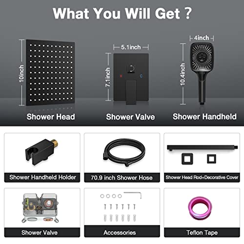 Wiserset Black Shower Faucet Set Stainless Steel 10in Rainfall Shower Head with Handheld 3 Functions Shower System Brass Pressure Balance Shower Valve