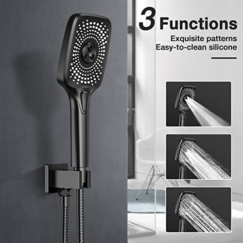 Wiserset Black Shower Faucet Set Stainless Steel 10in Rainfall Shower Head with Handheld 3 Functions Shower System Brass Pressure Balance Shower Valve