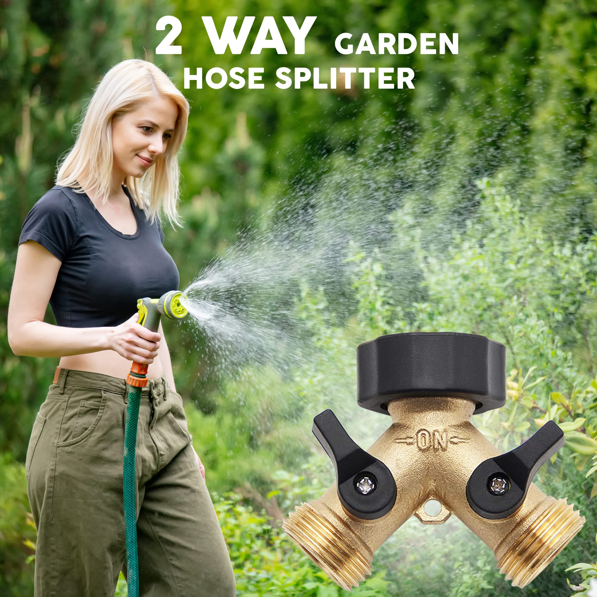 Garden Hose Splitter 2 Way, Heavy Duty Brass Connector Hose Y Splitter with Rubber Washers, Water Splitter Adapter 2 Valves for Garden Hose Spigot Faucet