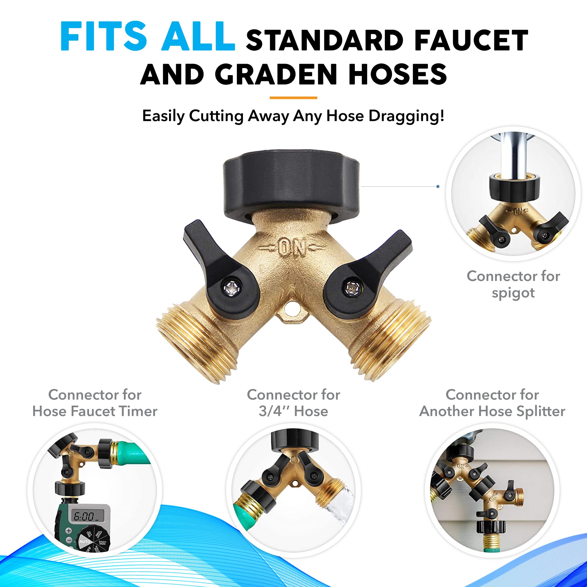 Garden Hose Splitter 2 Way, Heavy Duty Brass Connector Hose Y Splitter with Rubber Washers, Water Splitter Adapter 2 Valves for Garden Hose Spigot Faucet