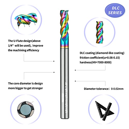 WEXWE Tools DLC Series Carbide Square End Mill, Diamond-Like Coating, End Mill for Aluminum, Copper, Magnesium Alloys, High Silicon Aluminum, Composite Materials,3 Flute,1/8 Shank(.125(1/8)", 5pcs)