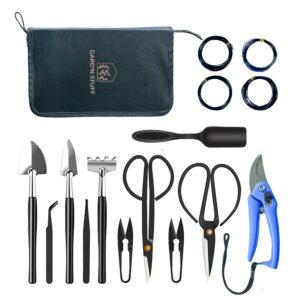 bonsai tools set 15 pcs high carbon steel - planting gardening trimming tools set include pruning shears, scissors, mini rake, round, pointed shovel, training wire in pu leather bag