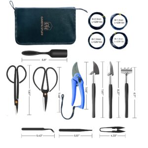 Bonsai Tools Set 15 Pcs High Carbon Steel - Planting Gardening Trimming Tools Set Include Pruning Shears, Scissors, Mini Rake, Round, Pointed Shovel, Training Wire in PU Leather Bag