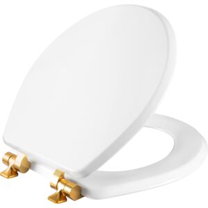 mayfair 826bgsl 000 benton toilet seat with brushed gold hinges will slow close and never come loose, round, durable enameled wood, white