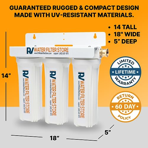 RV Water Filter Store South of The Border 3 Stage Water Filtration System - Includes 0.2 Micron Virus Hero, 0.5 Micron Carbon Block, 1 Micron Sediment Filter - High Flow, Standard Bracket