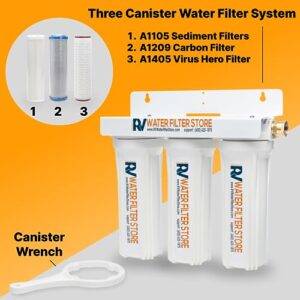 RV Water Filter Store South of The Border 3 Stage Water Filtration System - Includes 0.2 Micron Virus Hero, 0.5 Micron Carbon Block, 1 Micron Sediment Filter - High Flow, Standard Bracket