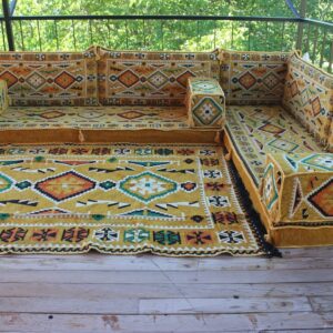 Yellow L Shaped Corner Floor Couch, Interior Design, Outdoor Patio Furniture, Floor Cushions, Bench Cushions, Floor Pillows, Arabic Majlis (L Sofa Full Set)