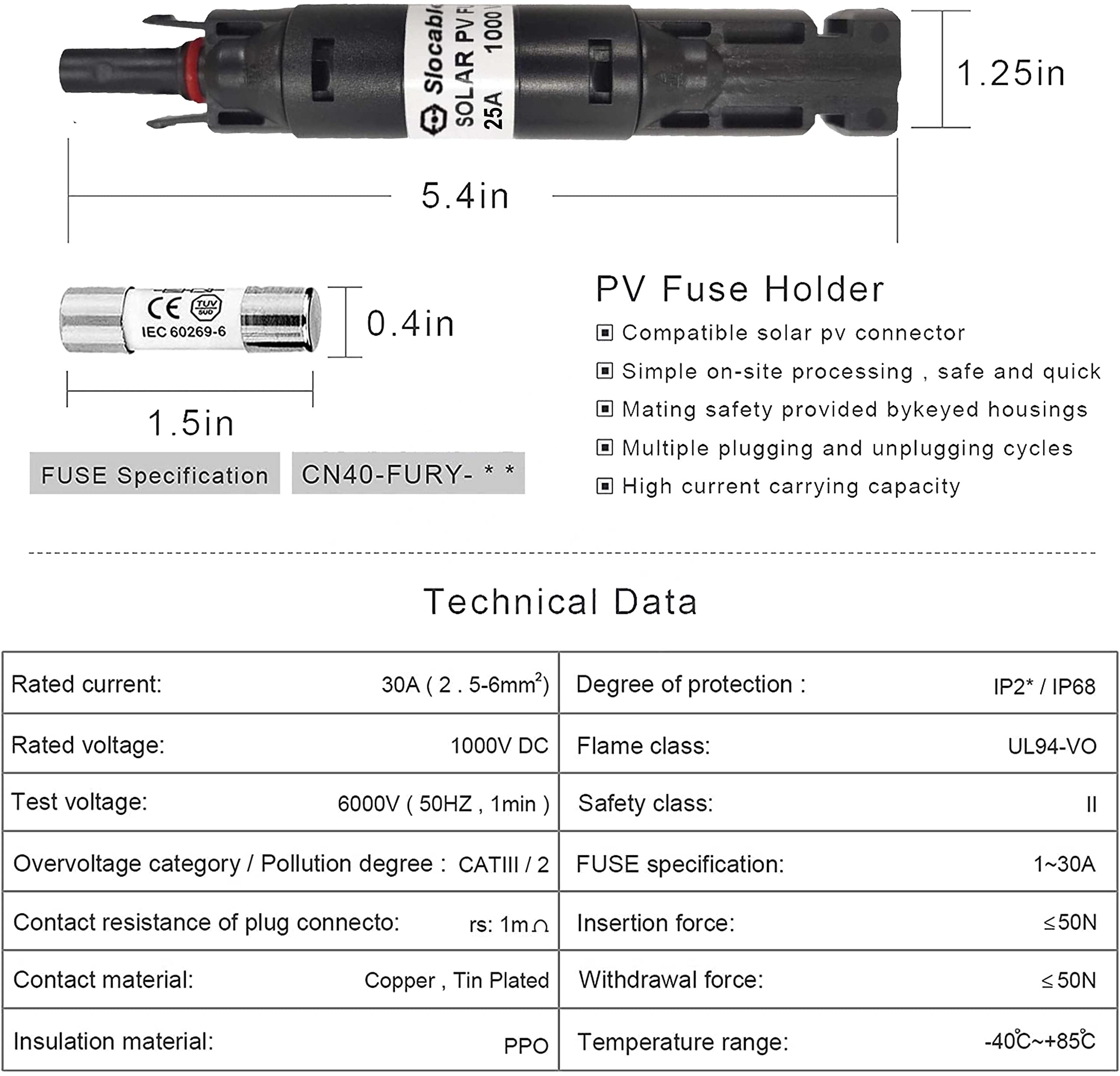Solar Odyssey 25A Solar Fuse Holder with Single Fuse 1000V in-line Waterproof IP68 Male and Female Connector