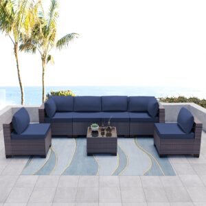 Kullavik 7 Pieces Outdoor Patio Furniture Set Sectional Rattan Sofa Brown Manual Wicker Patio Conversation Set with Navy Blue Cushions,1 Tempered Glass Tea Table and Cushions Covers