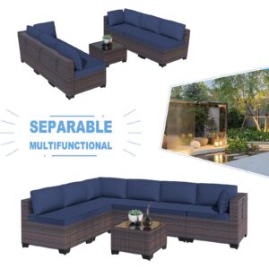 Kullavik 7 Pieces Outdoor Patio Furniture Set Sectional Rattan Sofa Brown Manual Wicker Patio Conversation Set with Navy Blue Cushions,1 Tempered Glass Tea Table and Cushions Covers