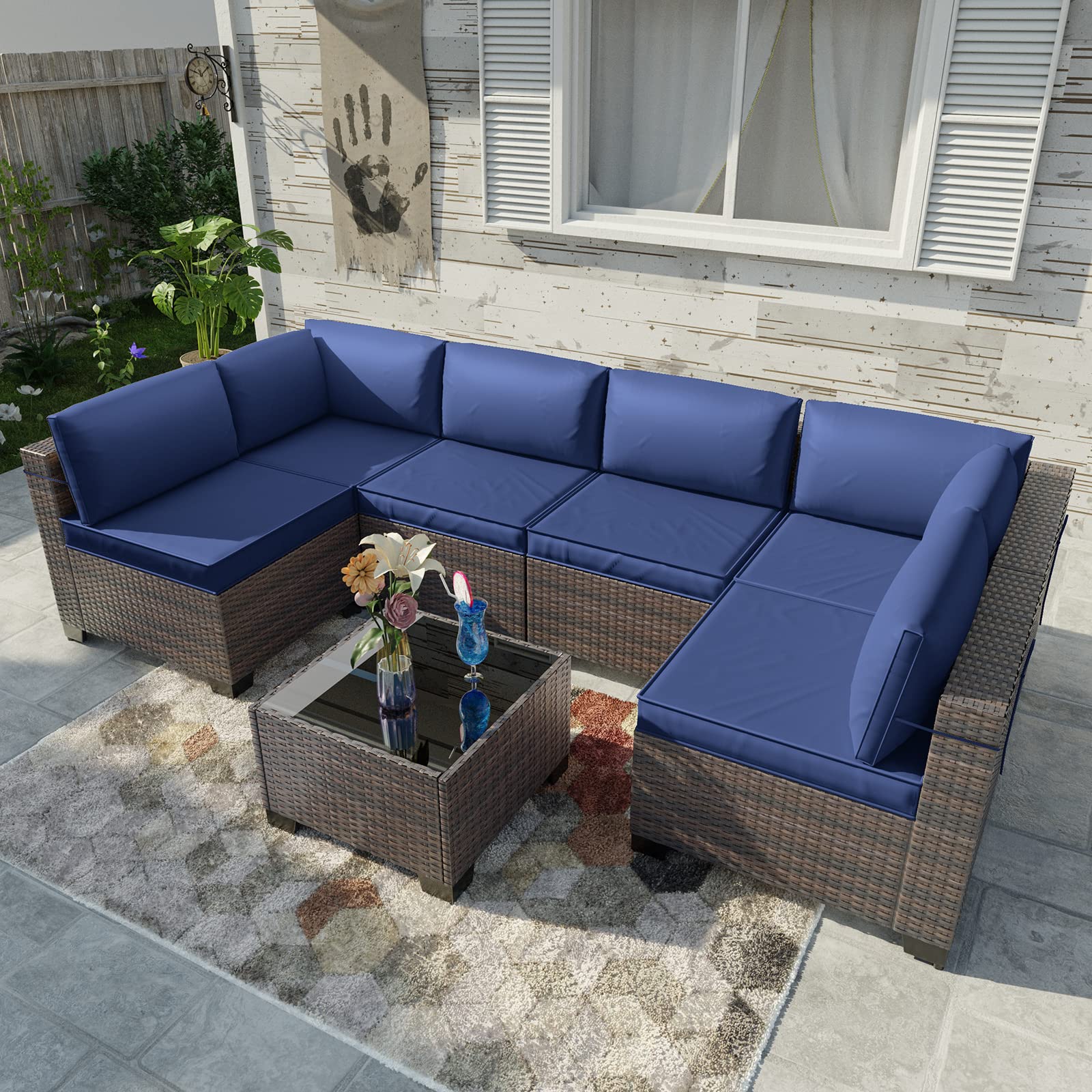 Kullavik 7 Pieces Outdoor Patio Furniture Set Sectional Rattan Sofa Brown Manual Wicker Patio Conversation Set with Navy Blue Cushions,1 Tempered Glass Tea Table and Cushions Covers