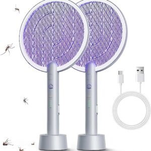 Electric Fly Swatter Racket 2 Pack, Mosiller 2 in 1 Bug Zapper with USB Rechargeable Base, 4000 Volt Indoor Outdoor Mosquito Killer with 3-Layer Safety Mesh for Pest Insect Control & Flying Trap