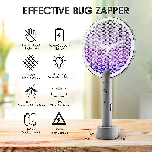 Electric Fly Swatter Racket 2 Pack, Mosiller 2 in 1 Bug Zapper with USB Rechargeable Base, 4000 Volt Indoor Outdoor Mosquito Killer with 3-Layer Safety Mesh for Pest Insect Control & Flying Trap