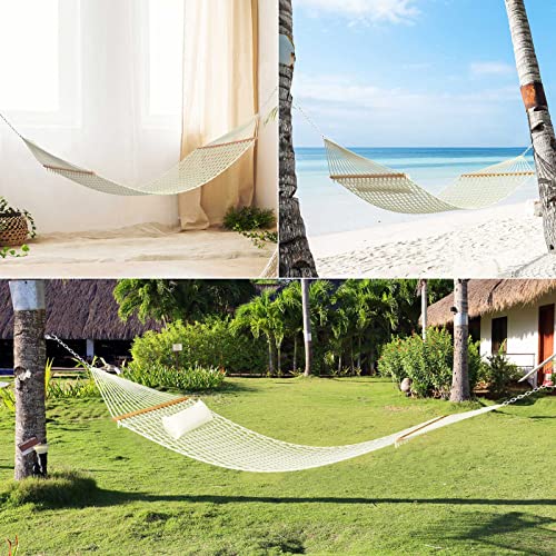 TONAHUTU 13FT Hammocks, Traditional Hand Woven Cotton Rope Hammock with Free Extension Chains for Outdoor Indoor Patio Yard 450 LSB Capacity for Two Person (Natural)