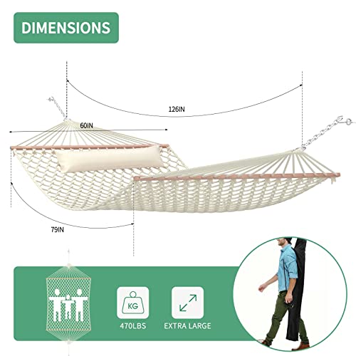 TONAHUTU 13FT Hammocks, Traditional Hand Woven Cotton Rope Hammock with Free Extension Chains for Outdoor Indoor Patio Yard 450 LSB Capacity for Two Person (Natural)