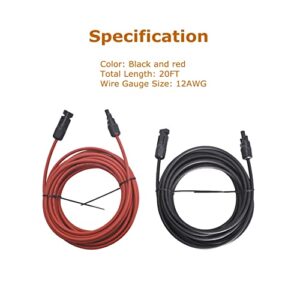 Kimllier 20FT Solar Panel Extension Cable Wire with Male and Female Connector Black and Red 12AWG