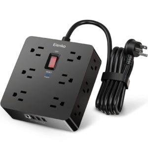 surge protector power strip - eienko 6 ft extension cord with 12 widely outlets, 3 side outlet extender with 4 usb ports, flat plug, wall mount, desk usb charging station, etl,black