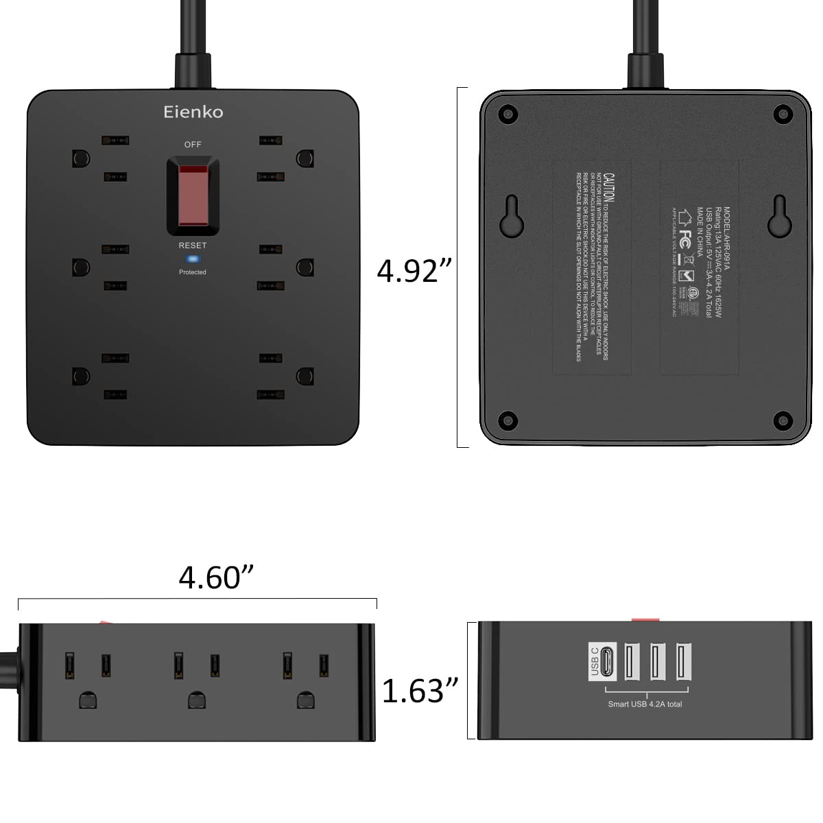 Surge Protector Power Strip - Eienko 6 Ft Extension Cord with 12 Widely Outlets, 3 Side Outlet Extender with 4 USB Ports, Flat Plug, Wall Mount, Desk USB Charging Station, ETL,Black