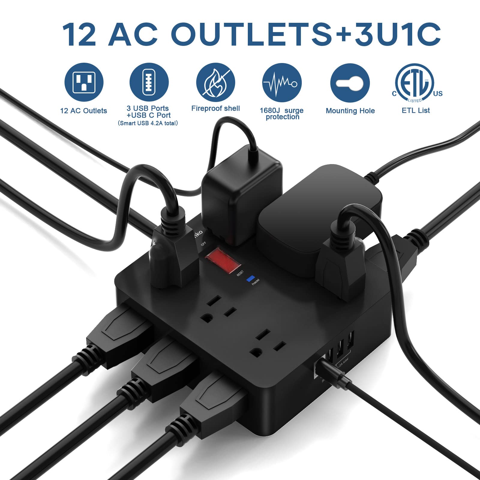 Surge Protector Power Strip - Eienko 6 Ft Extension Cord with 12 Widely Outlets, 3 Side Outlet Extender with 4 USB Ports, Flat Plug, Wall Mount, Desk USB Charging Station, ETL,Black