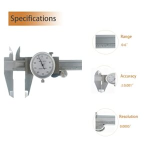 kimllier 0-6 Inch Dial Caliper, 0.001 Inch Accuracy Stainless Steel Imperial Caliper