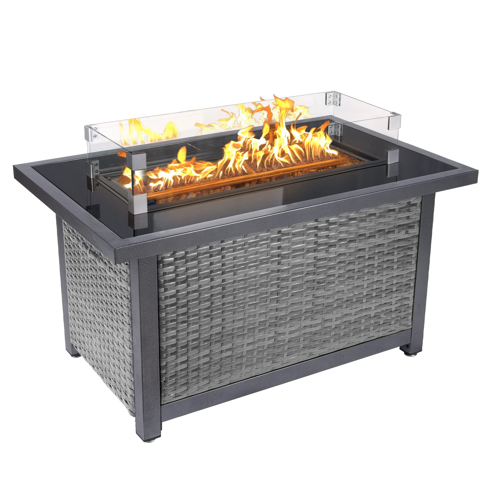 44inch Outdoor Propane Fire Pit Table, 50000 BTU Auto-Ignition Wicker Rattan Patio Gas Fire Pit with Wind Guard, Tempered Glass Tabletop and Glass Beads, ETL Certification, Grey