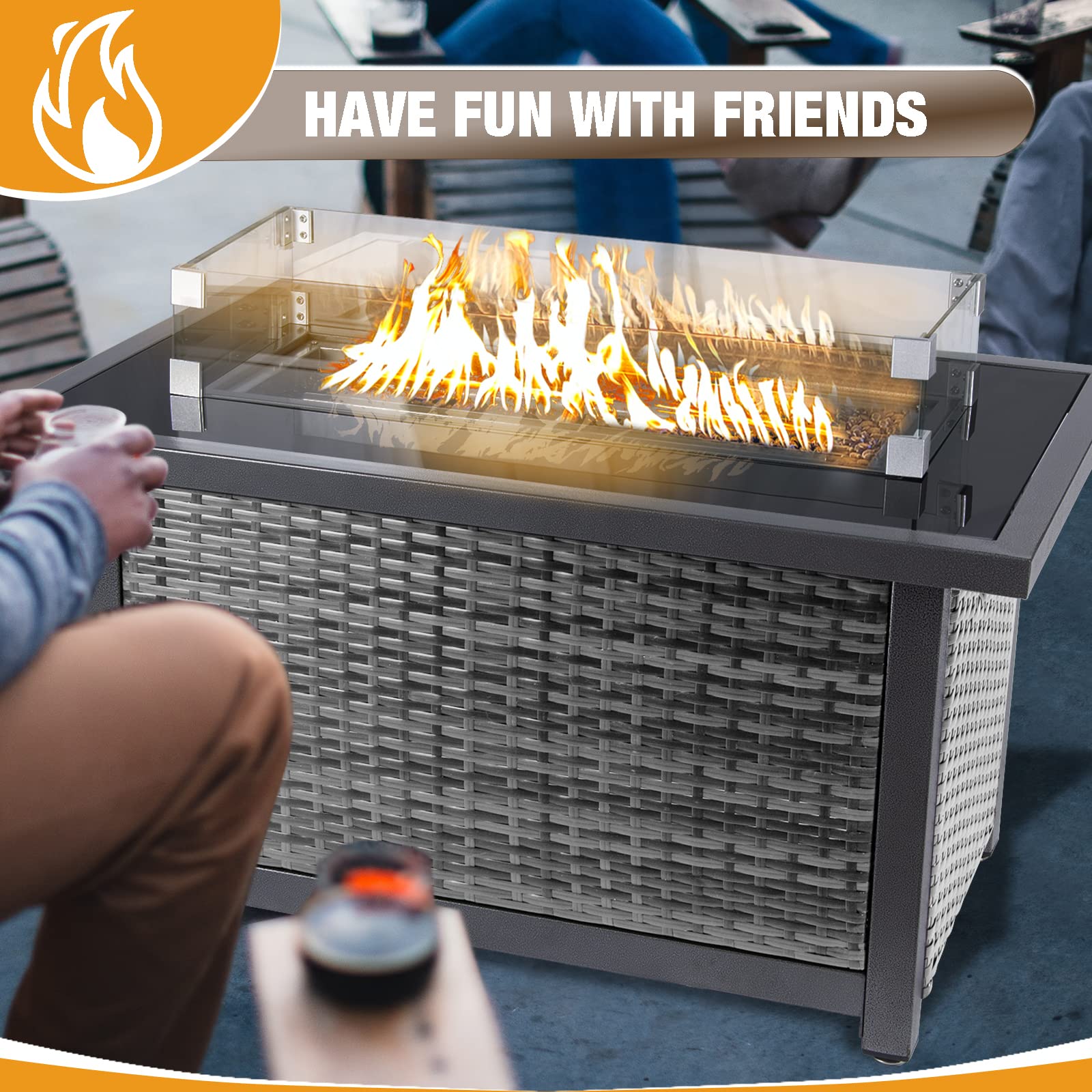 44inch Outdoor Propane Fire Pit Table, 50000 BTU Auto-Ignition Wicker Rattan Patio Gas Fire Pit with Wind Guard, Tempered Glass Tabletop and Glass Beads, ETL Certification, Grey