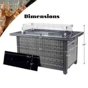 44inch Outdoor Propane Fire Pit Table, 50000 BTU Auto-Ignition Wicker Rattan Patio Gas Fire Pit with Wind Guard, Tempered Glass Tabletop and Glass Beads, ETL Certification, Grey