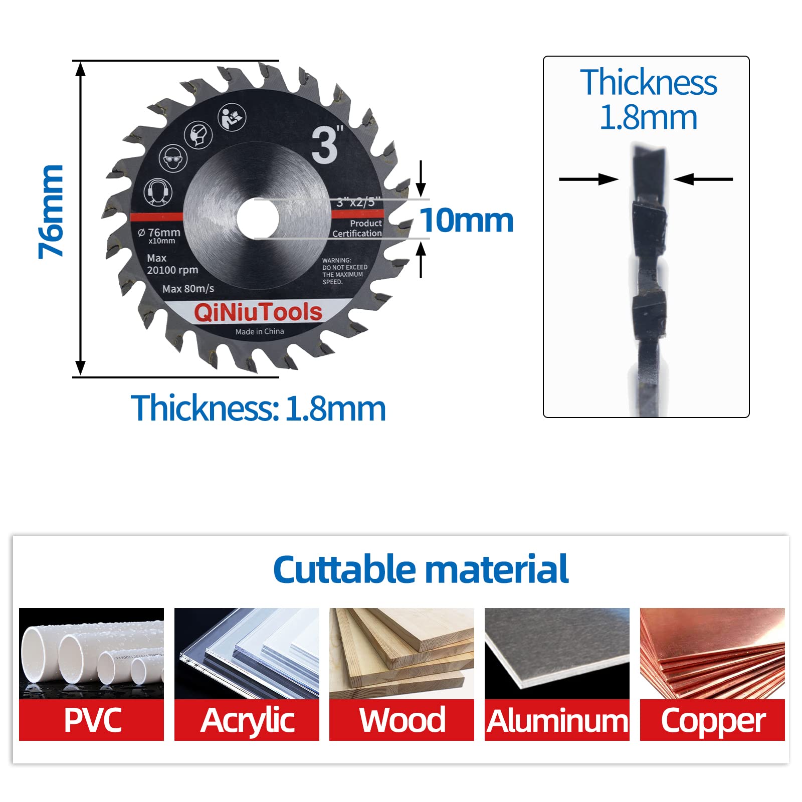 QiNiuTools 3 Inch 76mm 24-Tooth TCT Circular Saw Blade for Wood Plastic Composite Material Cutting