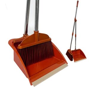 broom and dustpan set for home, standing dustpan with teeth broom with 49" long handle, broom and dustpan combo for office home kitchen lobby floor cleaning indoor outdoor use broom and dustpan