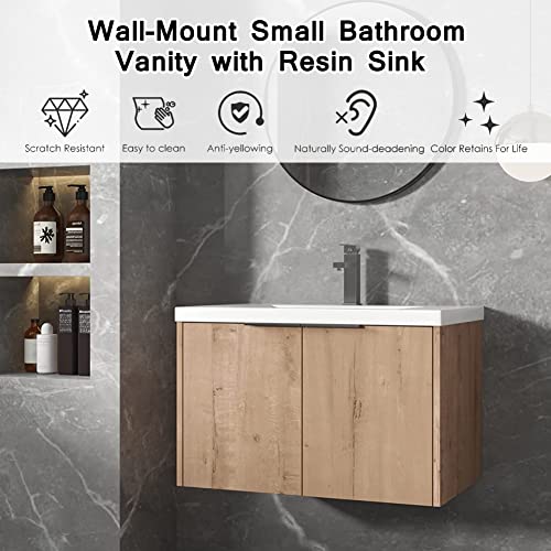 SSLine Wall Mounted Bathroom Vanity with Sink Combo Modern 30-Inch Single Bathroom Vanity Set with Top Basin & Storage Cabinet Brown Wood Hanging Bath Cabinet w/Resin Sink for Small Space (30"-Brown)