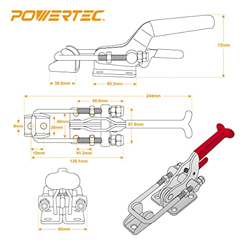 POWERTEC 20340V Heavy Duty Adjustable Latch-Action U Bolt Self-lock Toggle Clamp, 2000 lbs Capacity, 40341, 2PK