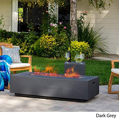 Afuera Living 56'' Patio Concrete Fire Pit Table, Rectangular Outdoor Fire Tank Table, Propane Gas Cover Included, Light Weight, Dark Grey, 56''L x 20''W x 15''H