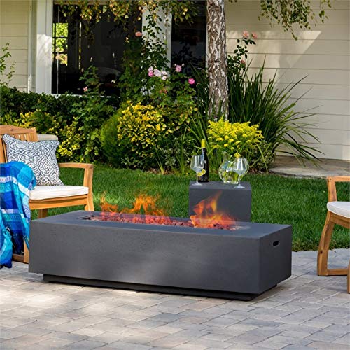 Afuera Living 56'' Patio Concrete Fire Pit Table, Rectangular Outdoor Fire Tank Table, Propane Gas Cover Included, Light Weight, Dark Grey, 56''L x 20''W x 15''H