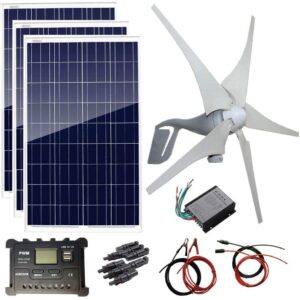 AUECOOR 700W Hybrid System Solar Panels Wind Generator : 400W 12V Wind Turbine Generator + 3 x 100W Polycrystalline Solar Panel+ Accessories Home Cabin RV Off Grid System Charging 12V Battery